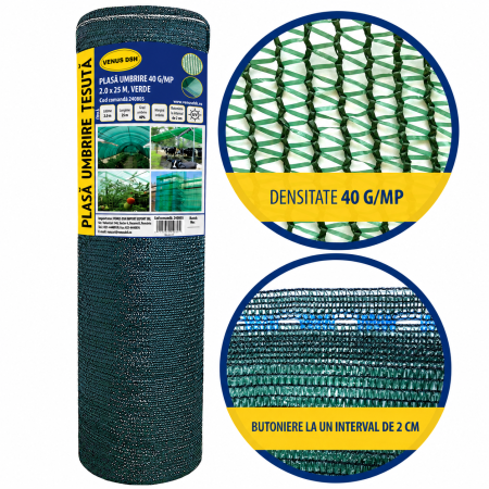 Plasa umbrire 40 g/mp, 2 x 25 m, verde